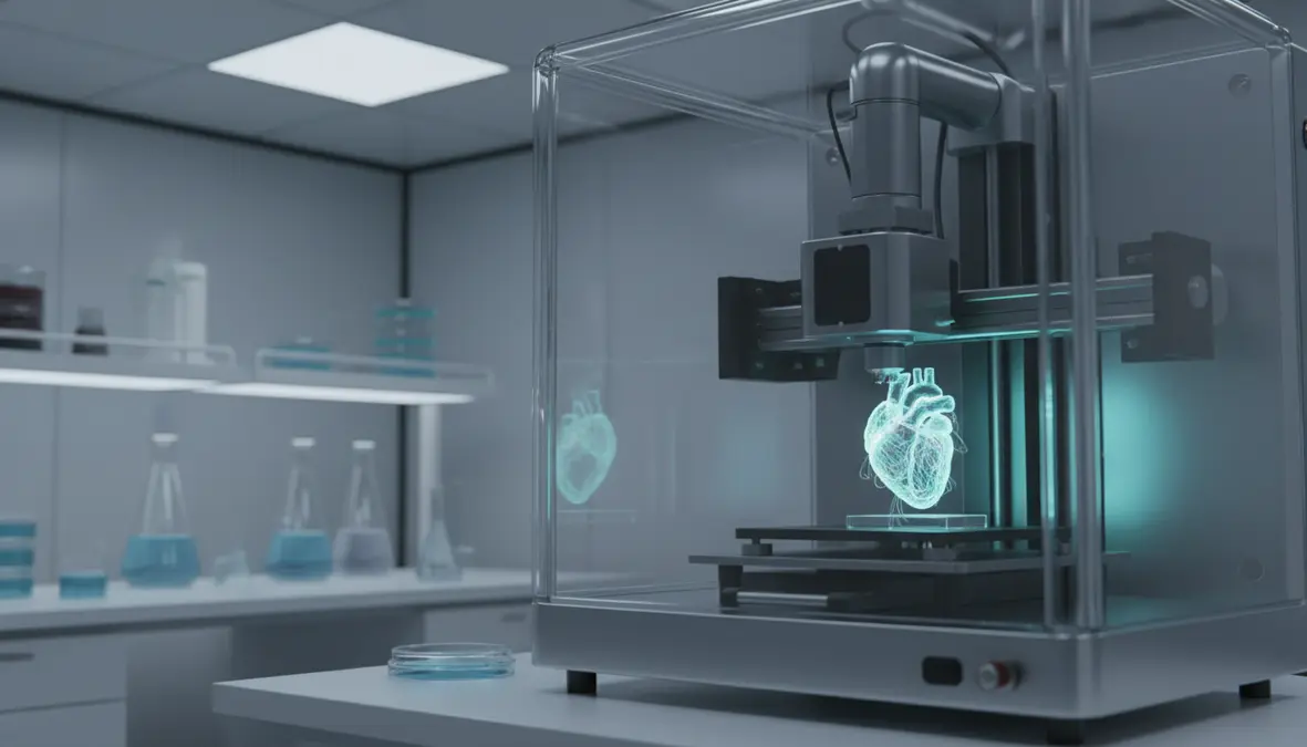 Photorealistic 3D bioprinter in a sterile medical laboratory printing living human tissue scaffold with glowing bio-ink layers and precision robotic arm