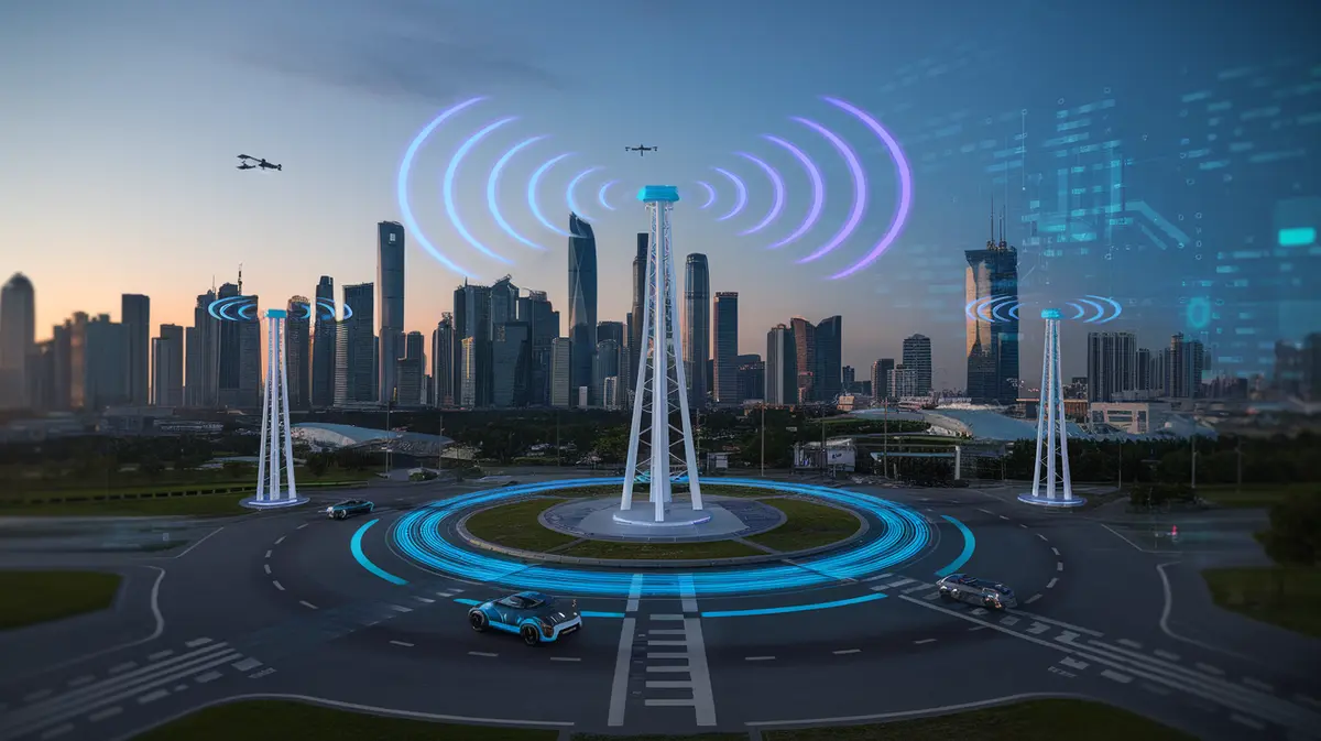 Futuristic 5G and 6G Network Tower Radiating Holographic Signal Waves Across Smart City Skyline