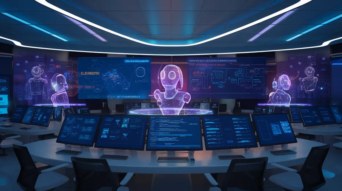 Photorealistic futuristic command center with multiple autonomous AI agents represented as glowing holographic digital assistants orchestrating complex enterprise workflows