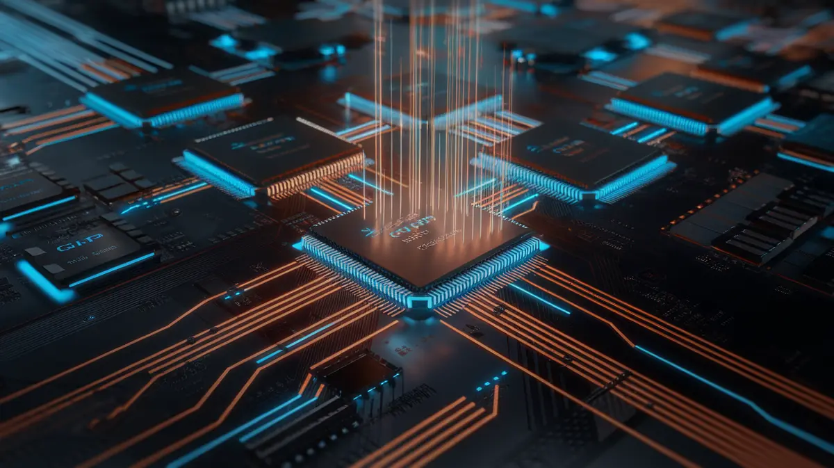 Cutting-Edge AI Processor Chips Glowing with Neon Circuits on a Futuristic Motherboard with Holographic Data Streams