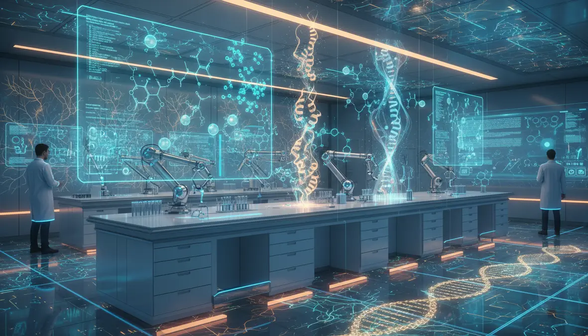 Futuristic AI-Powered Pharmaceutical Laboratory with Holographic Molecular Structures and Protein Folding Visualizations