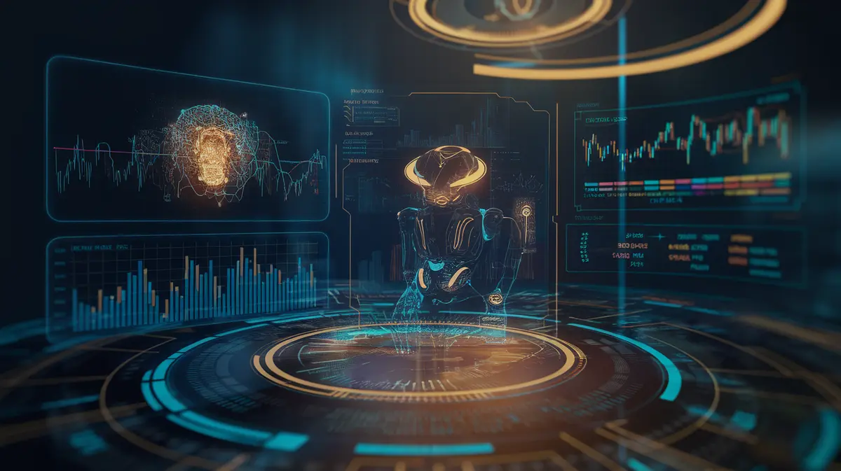 Futuristic AI fintech dashboard with holographic financial charts and neural network analyzing market data