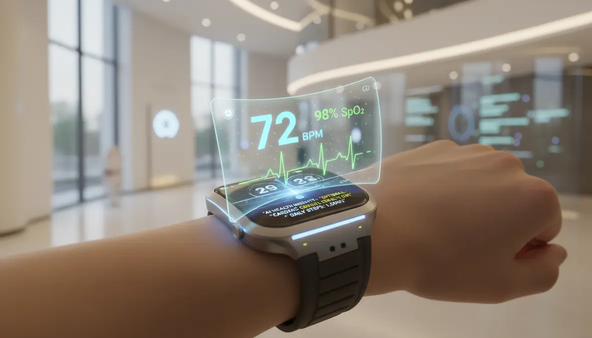 Futuristic smartwatch on a human wrist displaying holographic health vitals including heart rate, blood oxygen, ECG waveform, and AI health insights