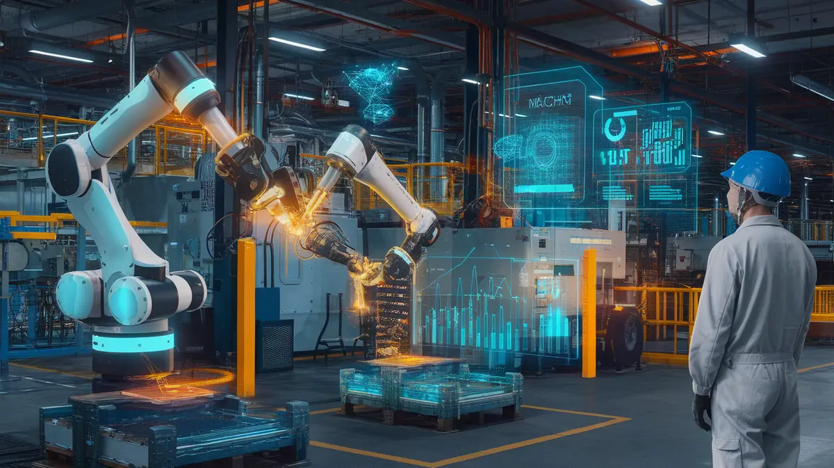 Photorealistic industrial factory floor with AI-powered predictive maintenance system showing robotic arms with glowing sensor nodes and holographic data dashboards displaying machine health analytics