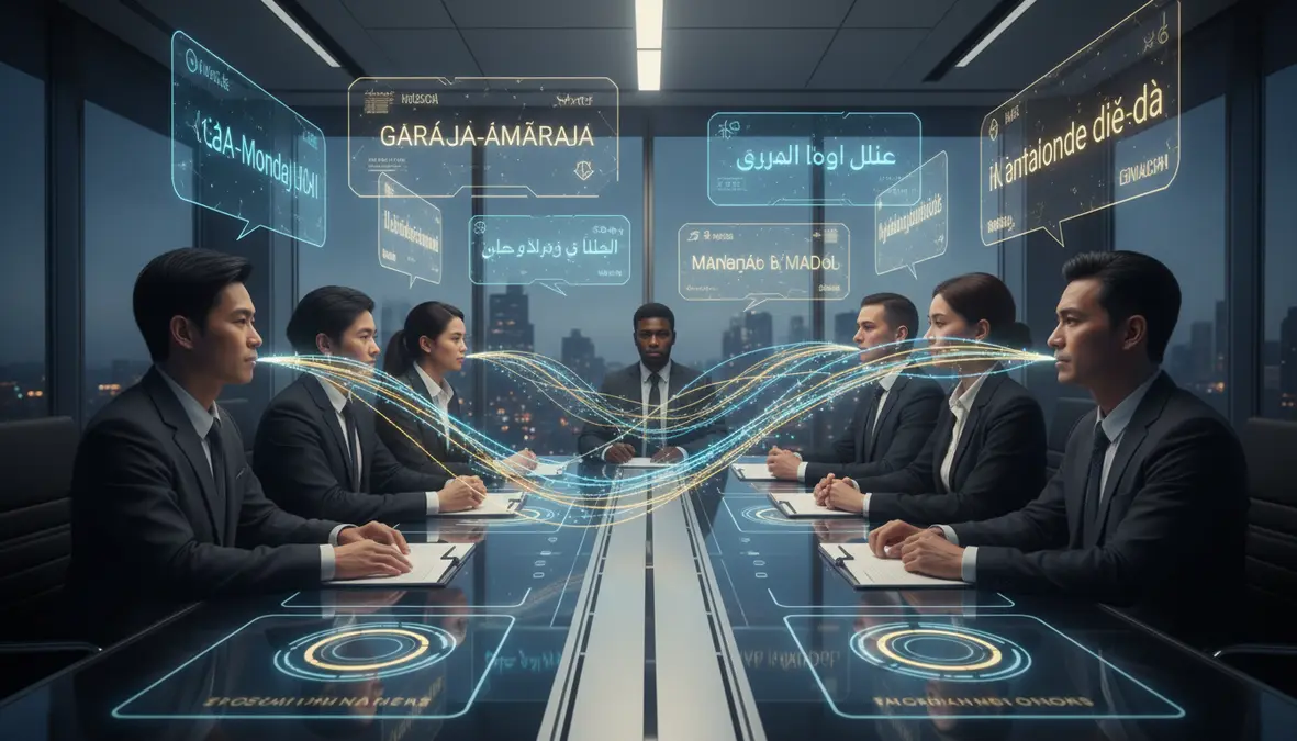 Futuristic visualization of AI-powered real-time language translation showing diverse business professionals in a modern glass conference room with holographic text bubbles translating between languages