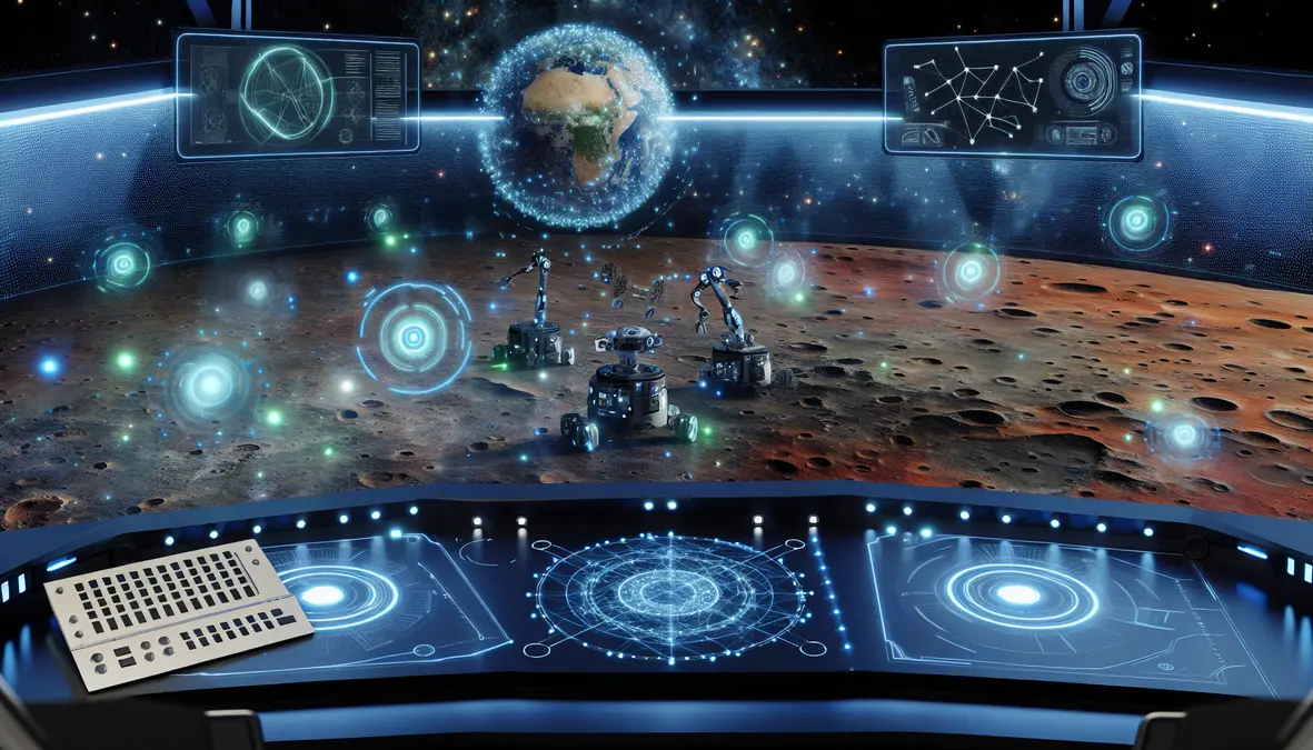 AI-powered space exploration command center with autonomous robots on Mars surface and holographic displays showing machine learning trajectory calculations