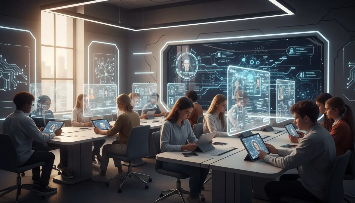 Futuristic AI-Powered Classroom with Holographic Displays and Personalized Learning Dashboards