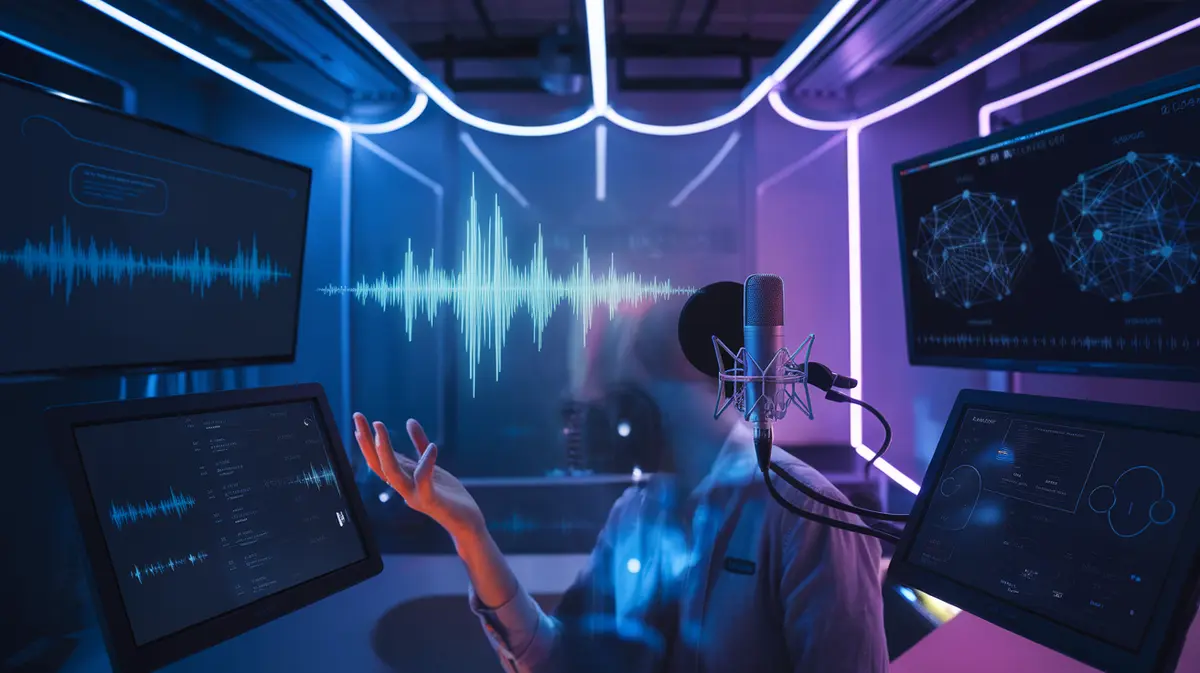 Futuristic AI voice technology lab with holographic sound waveforms and neural network voice synthesis visualization
