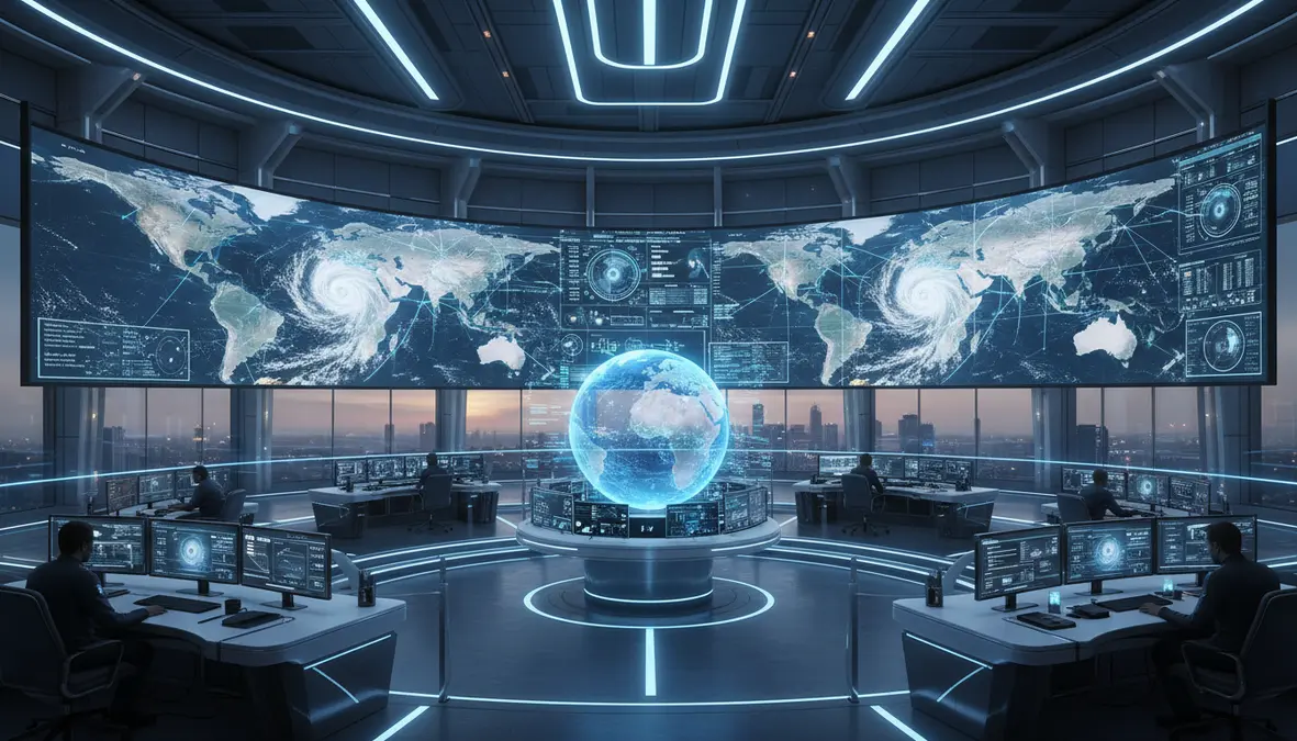 AI weather forecasting control room with massive curved displays showing global weather prediction maps, satellite imagery, and neural network pattern overlays on atmospheric data