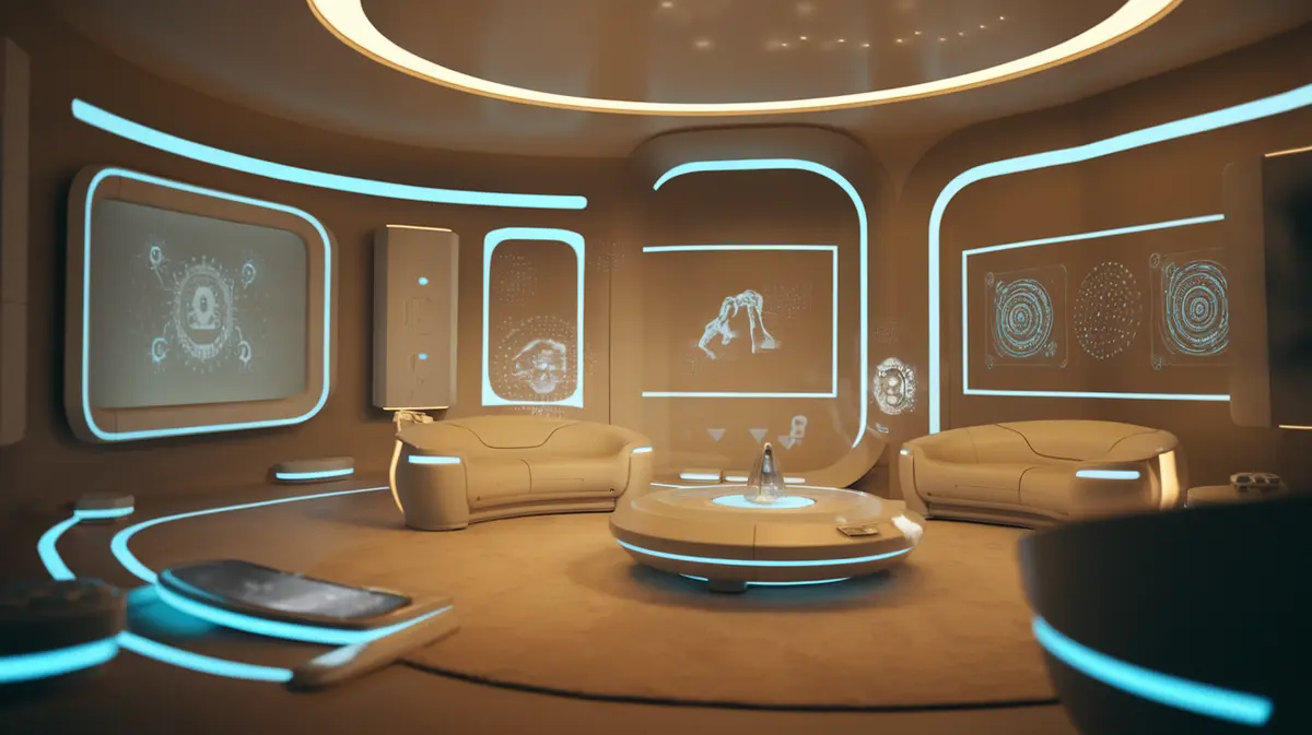 Modern smart living room with ambient intelligence featuring subtle holographic displays embedded in walls and furniture with gesture-controlled interfaces and integrated sensor arrays