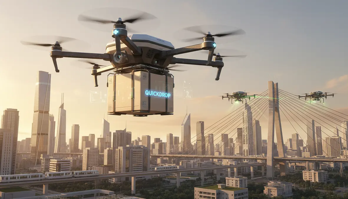 Autonomous commercial delivery drone flying over a modern cityscape at golden hour with infrastructure inspection drones in the background