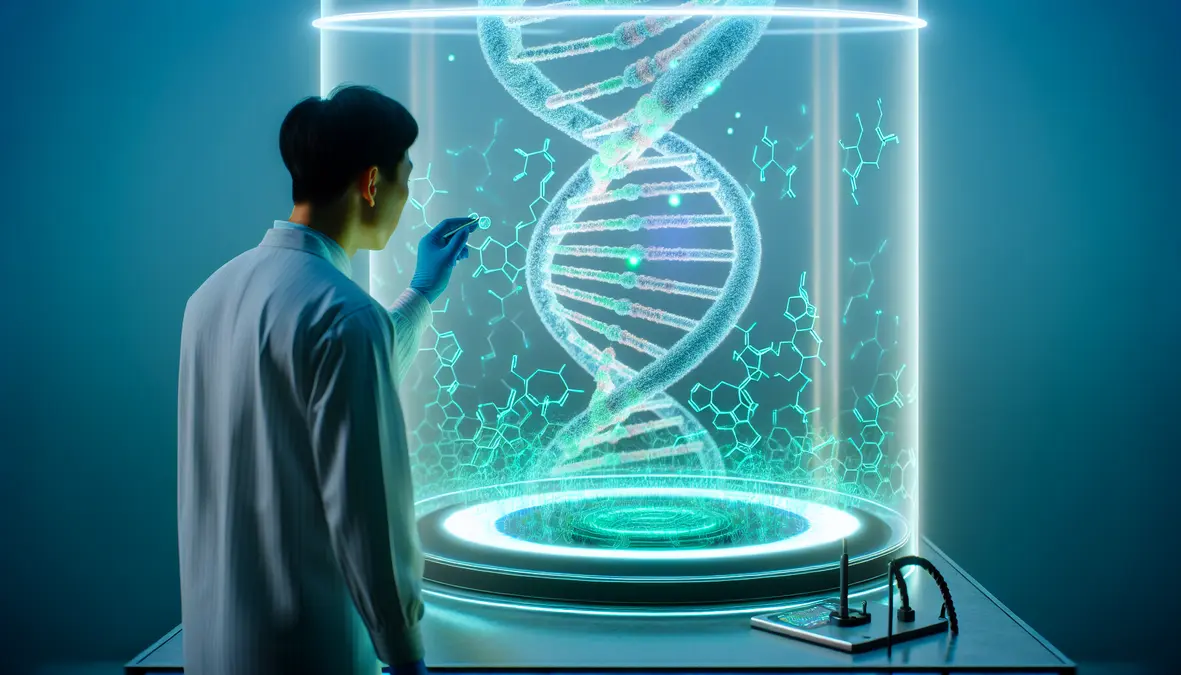 CRISPR gene editing laboratory with DNA double helix holographic visualization, scientist using AI-powered molecular editing interface, glowing genetic sequences being precisely modified