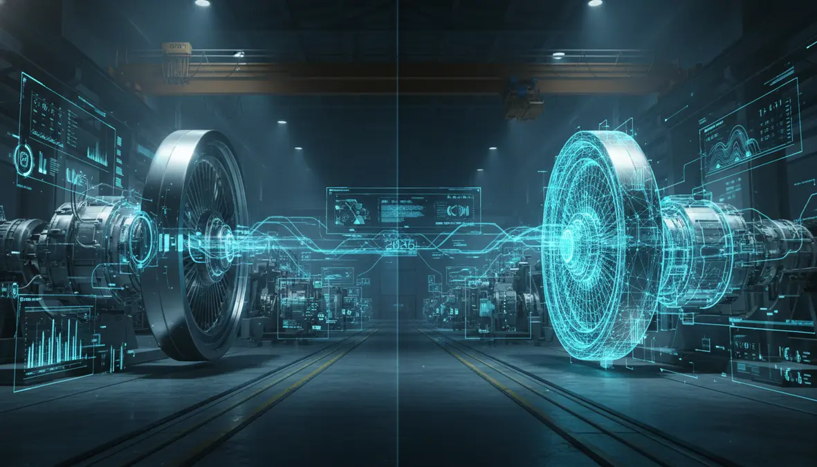 Futuristic smart factory with holographic digital twin overlay showing real-time IoT sensor data streams on industrial machinery