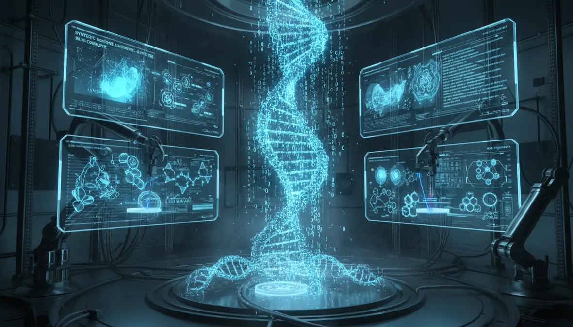DNA double helix structure made of glowing digital binary data inside a futuristic laboratory with holographic data visualization screens