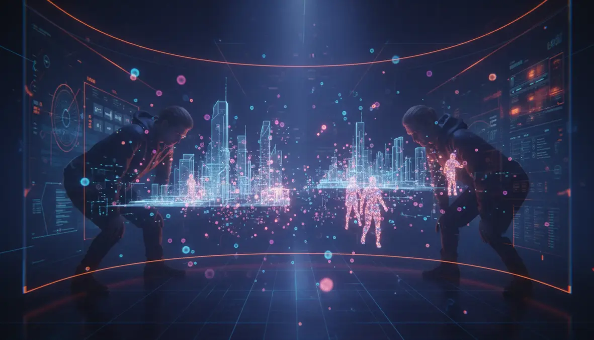 Photorealistic visualization of 3D Gaussian Splatting neural rendering with millions of glowing translucent gaussian points forming virtual environments and holographic 3D reconstructions on futuristic lab displays
