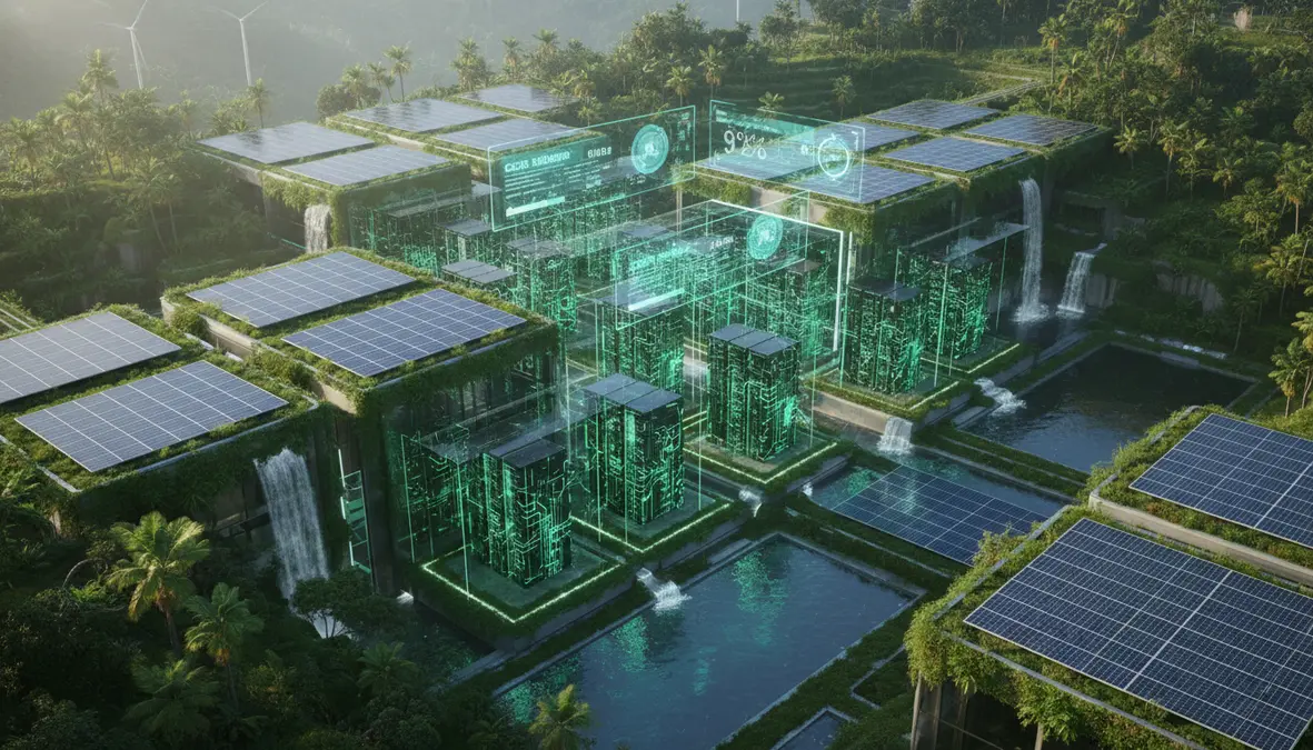 Futuristic green data center surrounded by vegetation and solar panels with glowing green circuit board patterns overlaying server racks and holographic carbon footprint metrics