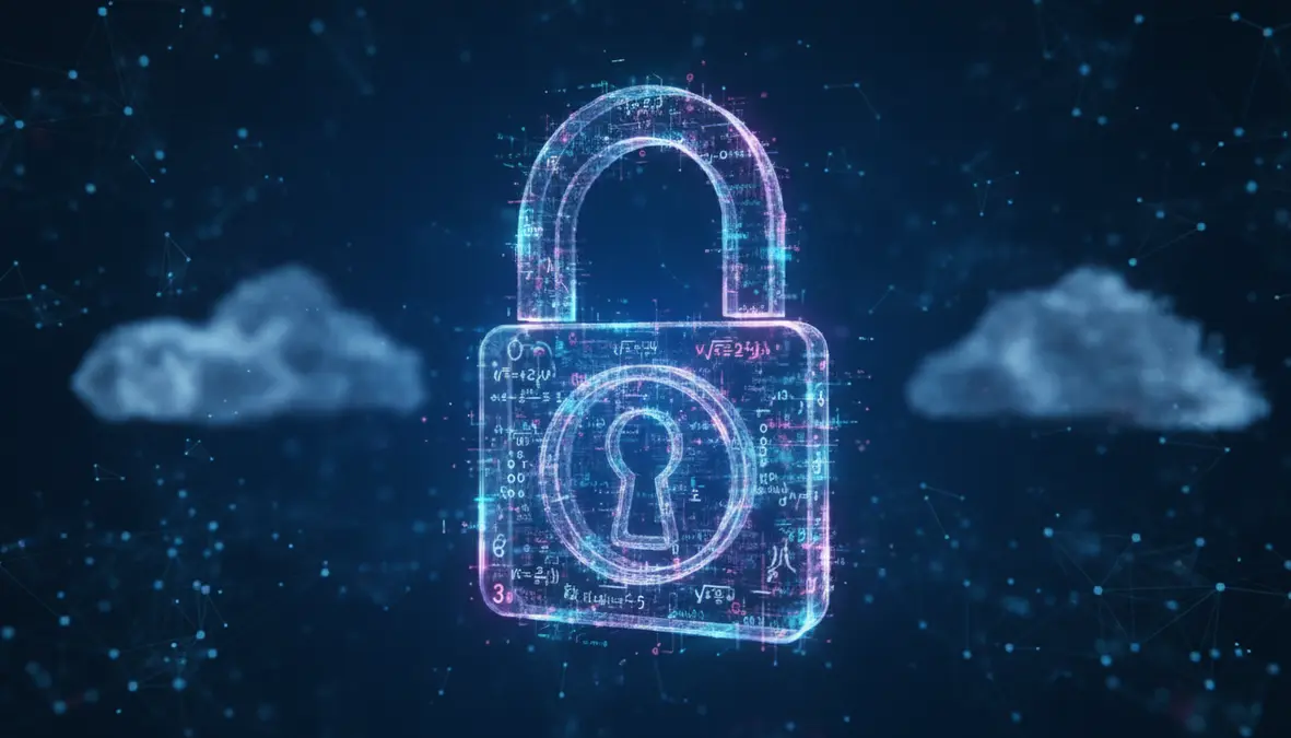 Futuristic digital lock made of translucent glowing data streams and encrypted binary code floating in a dark blue cyberspace environment with holographic padlock and mathematical equations