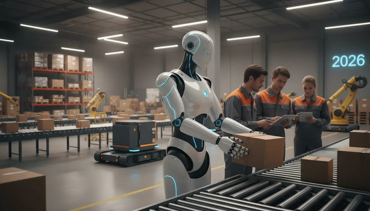Photorealistic humanoid robot with sleek white and silver design standing in a modern warehouse alongside human workers with blue LED accents and conveyor belts
