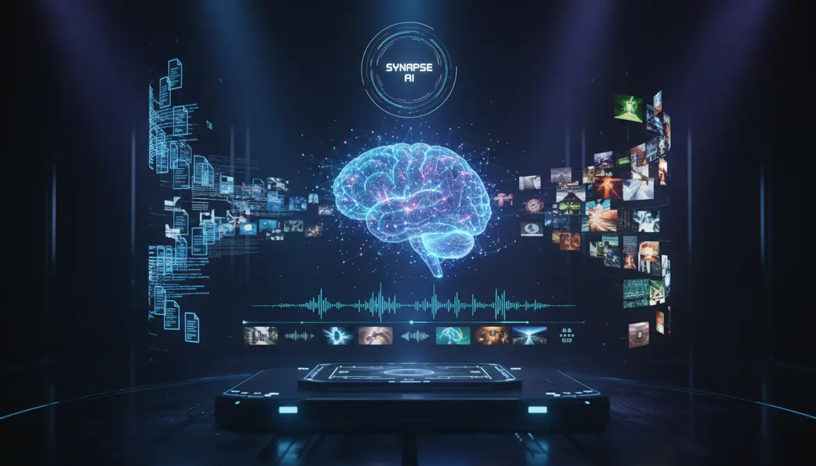 Futuristic Multimodal AI Interface Processing Text, Images, Audio, and Video Simultaneously Through a Neural Network Brain