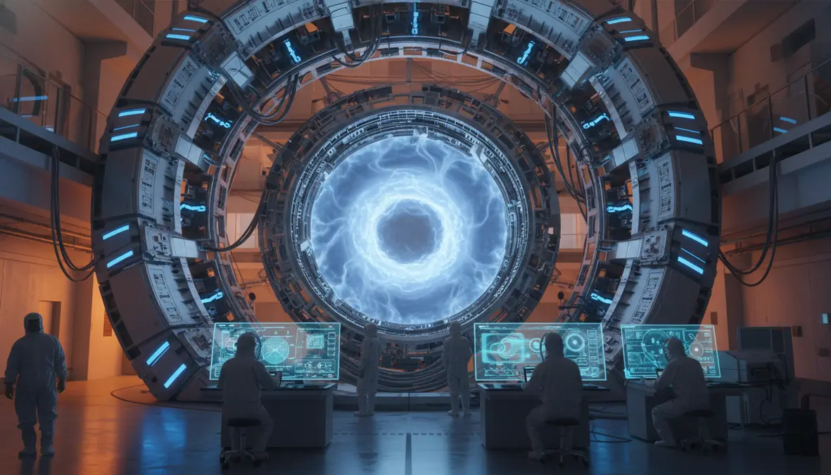 Photorealistic nuclear fusion reactor interior with glowing blue-white plasma contained in a tokamak chamber and scientists monitoring holographic control panels