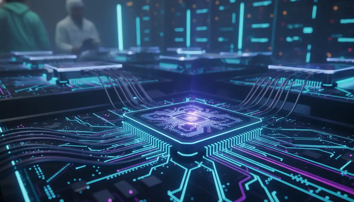 Photonic computing chip with light beams flowing through silicon waveguides and optical fibers connected to a futuristic processor