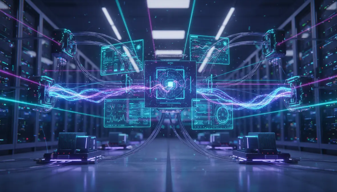 Futuristic quantum internet visualization with glowing entangled photon particles traveling through fiber optic cables and quantum repeater nodes connecting holographic quantum computers in a high-tech data center