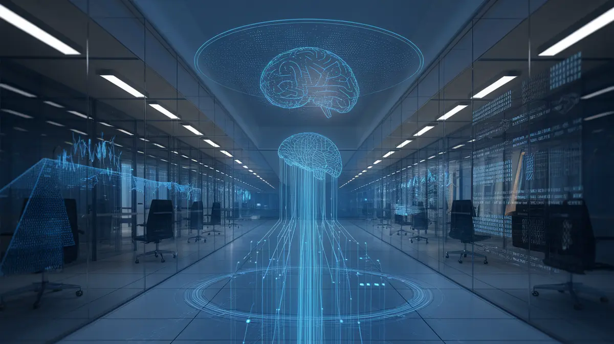 Photorealistic futuristic enterprise data center with holographic AI neural network visualization and glowing blue data streams flowing from document databases into a central AI brain