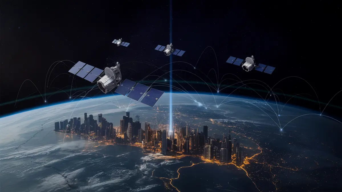 Futuristic Low-Earth Orbit Satellite Constellation Orbiting Earth with Glowing Communication Beams Connecting Cities