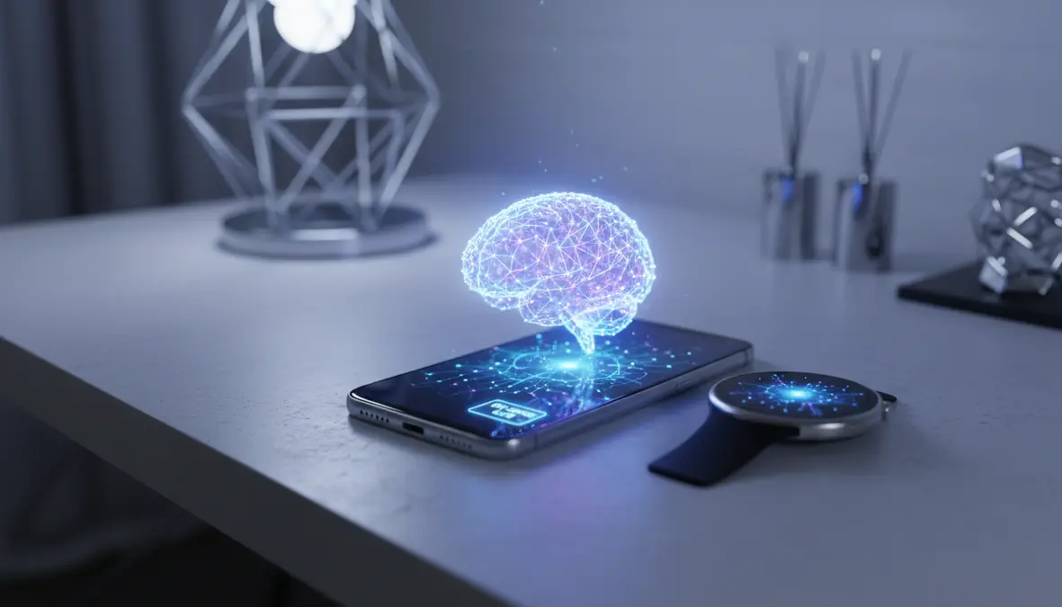 Smartphone and smartwatch displaying compact AI neural network visualizations with a small glowing language model hologram emerging from the screen