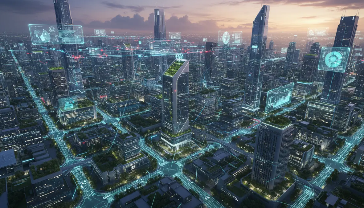 Futuristic smart city aerial view at twilight with glowing IoT sensor networks, autonomous vehicles, holographic data dashboards, and green sustainable architecture