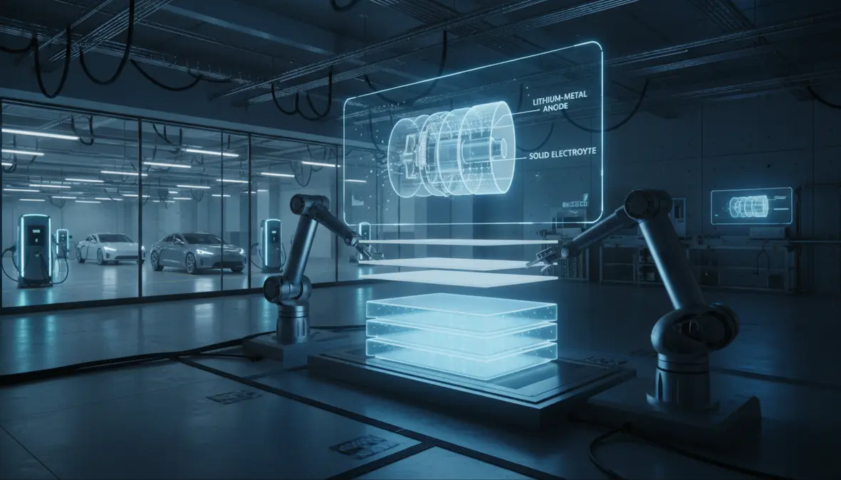 Next-generation solid-state battery technology laboratory with translucent layered battery cells glowing with blue energy and robotic assembly arms in futuristic manufacturing facility