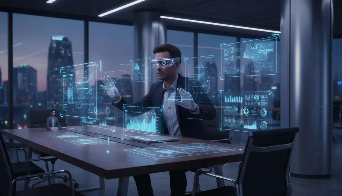Spatial Computing Mixed Reality with AR Glasses and Holographic 3D Interfaces in Modern Office