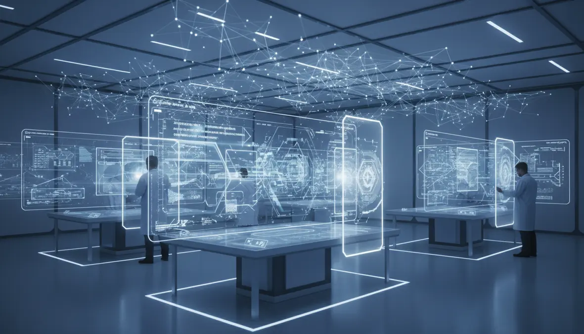 Futuristic Data Laboratory with Holographic Displays Showing AI-Generated Synthetic Datasets and Privacy Shields
