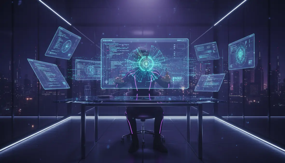 Futuristic Software Development Workspace with AI-Powered Holographic Code Generation