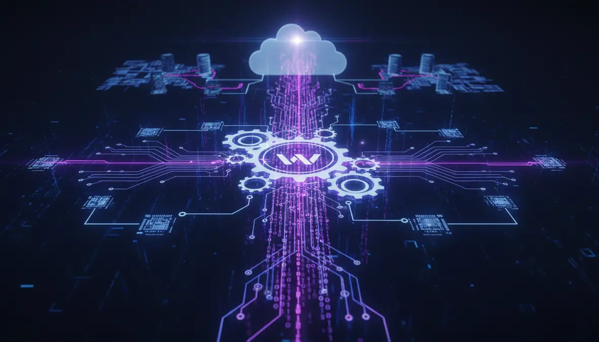 Futuristic WebAssembly technology visualization showing glowing purple and blue binary code transforming into interconnected gears and circuits representing server-side computing and edge devices
