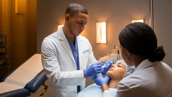 Hands-on botox training environment with medical professionals practicing injection techniques